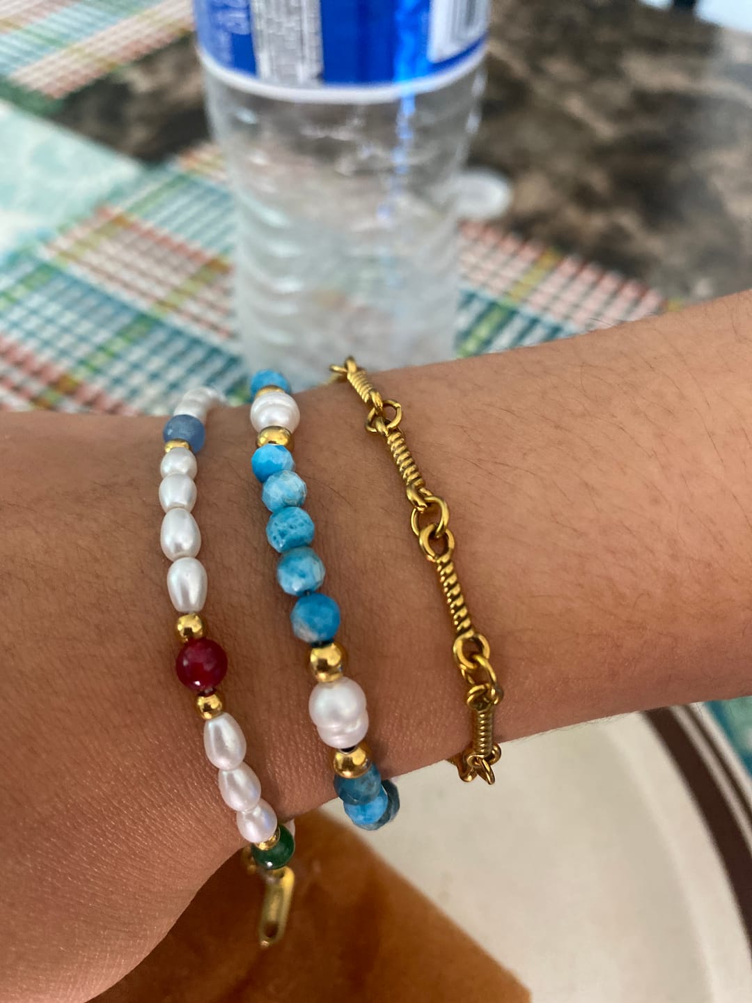 Customer photo review of Turquoise Blue & Pearl Bead Bracelet