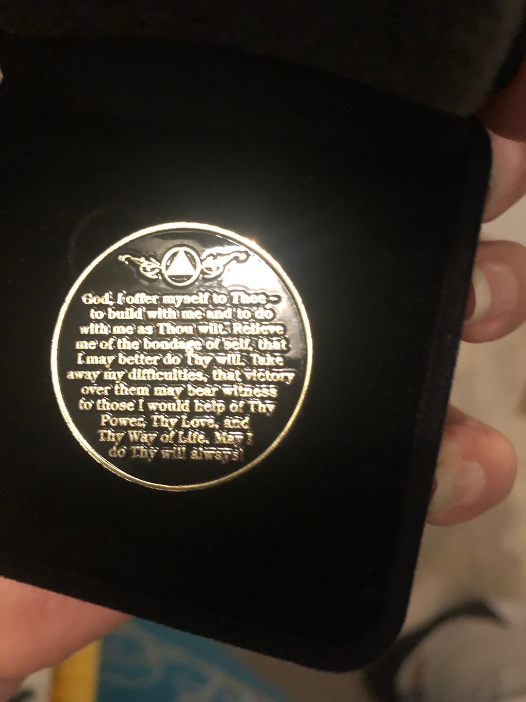 Customer photo review of 5 Year Sobriety Mint Twisted Tree of Life Gold Plated AA Recovery Medallion - Five Year Chip/Coin - Black + Velvet Case
