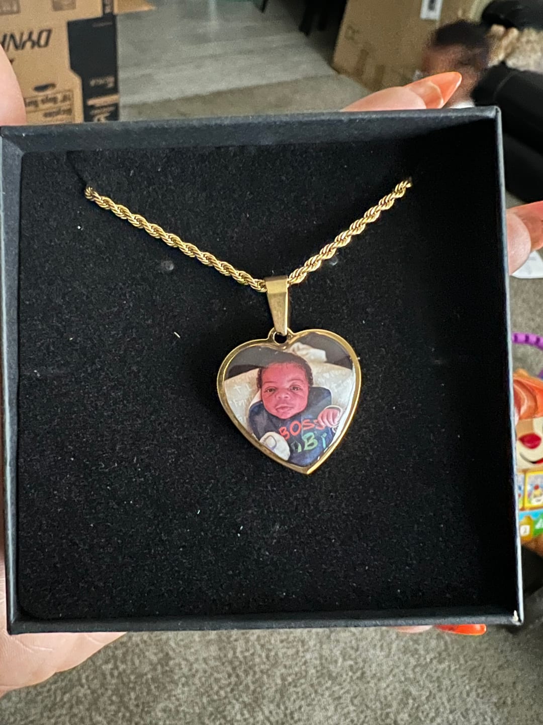 Customer photo review of Custom Engravable Heart Photo Necklace