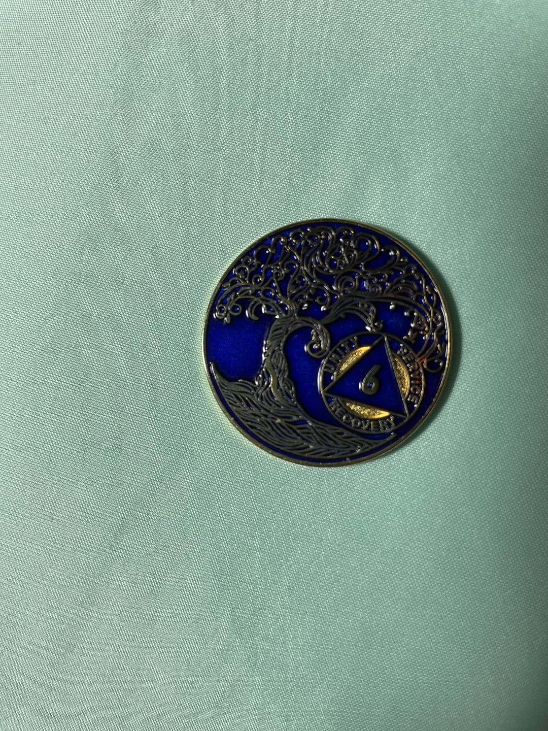 Customer photo review of 1 to 50 Year Sobriety Mint Twisted Tree of Life Gold Plated AA Recovery Medallion/Chip/Coin - Blue