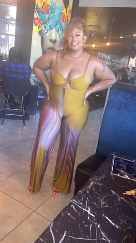 Customer photo review of Playing Me Print Cami Jumpsuit