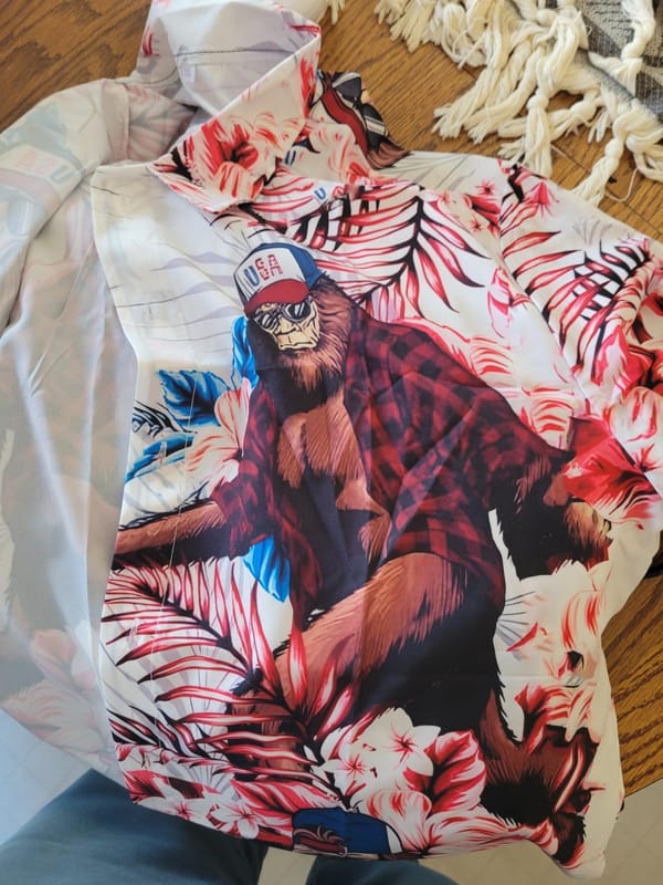 Customer photo review of Bigfoot Surfing Hawaiian Shirt