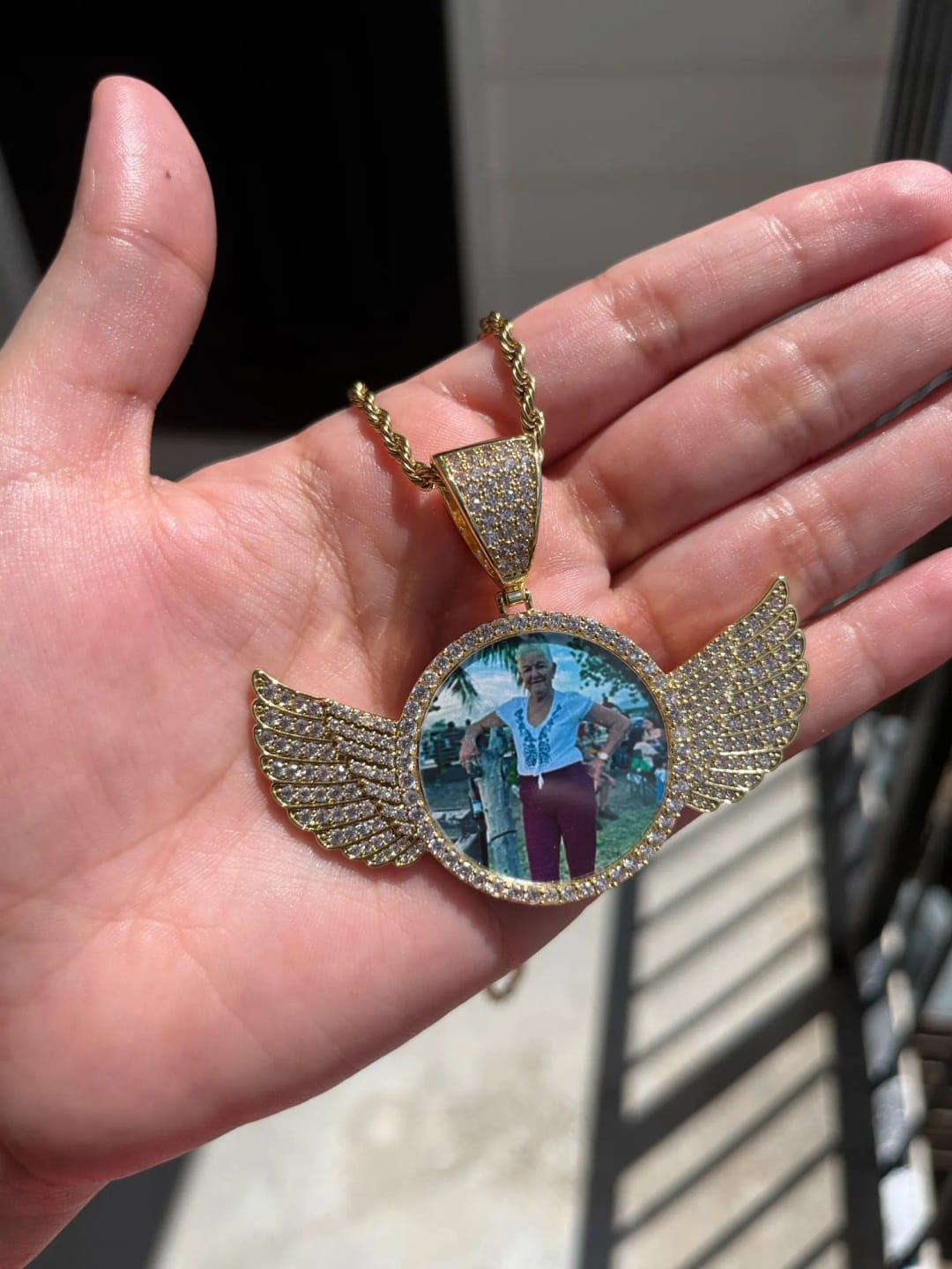 Customer photo review of ANGEL VIRTUE-WINGS CUSTOM PHOTO NECKLACE