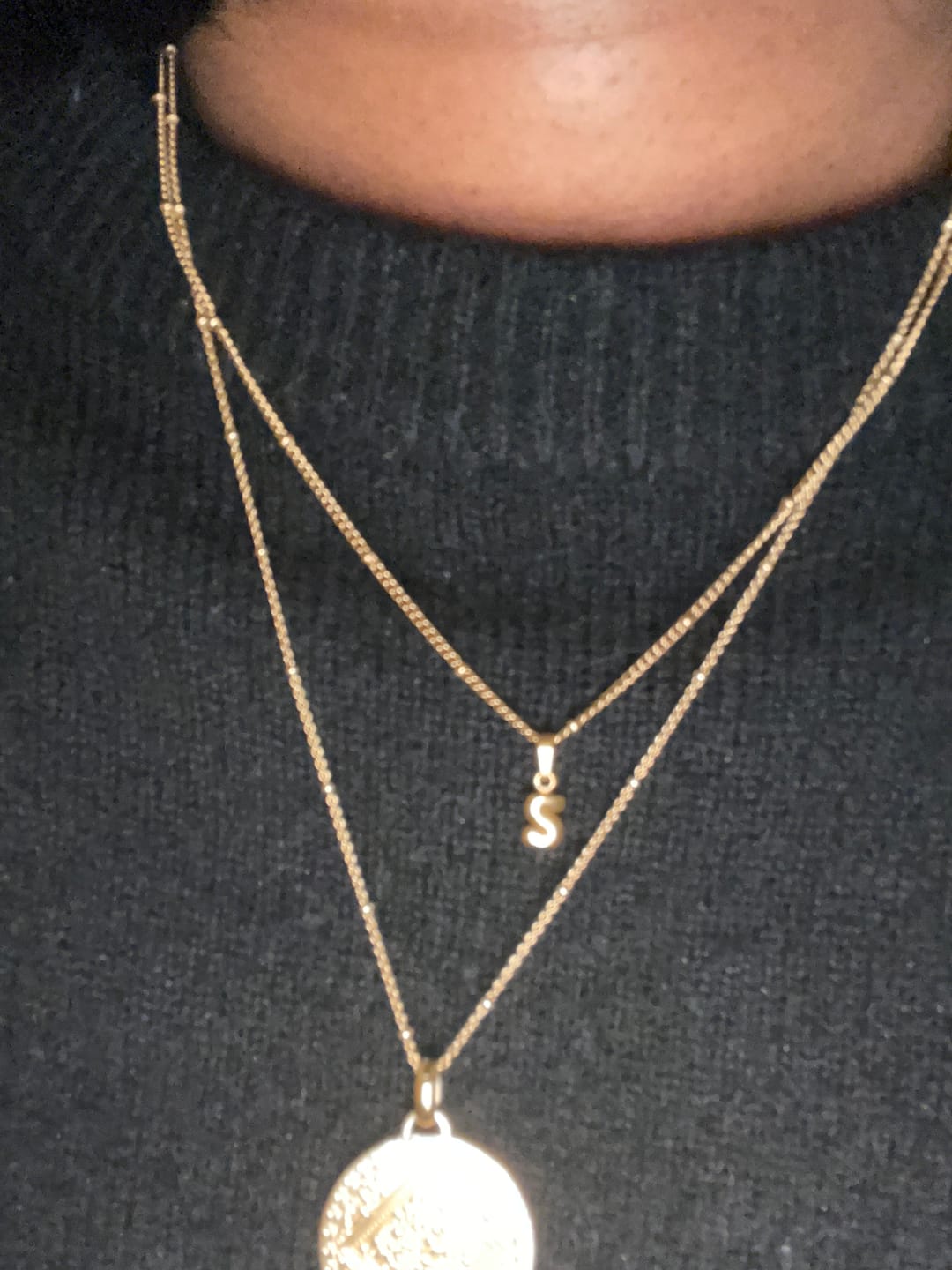 Customer photo review of Tiny bubble initial necklace (sale)