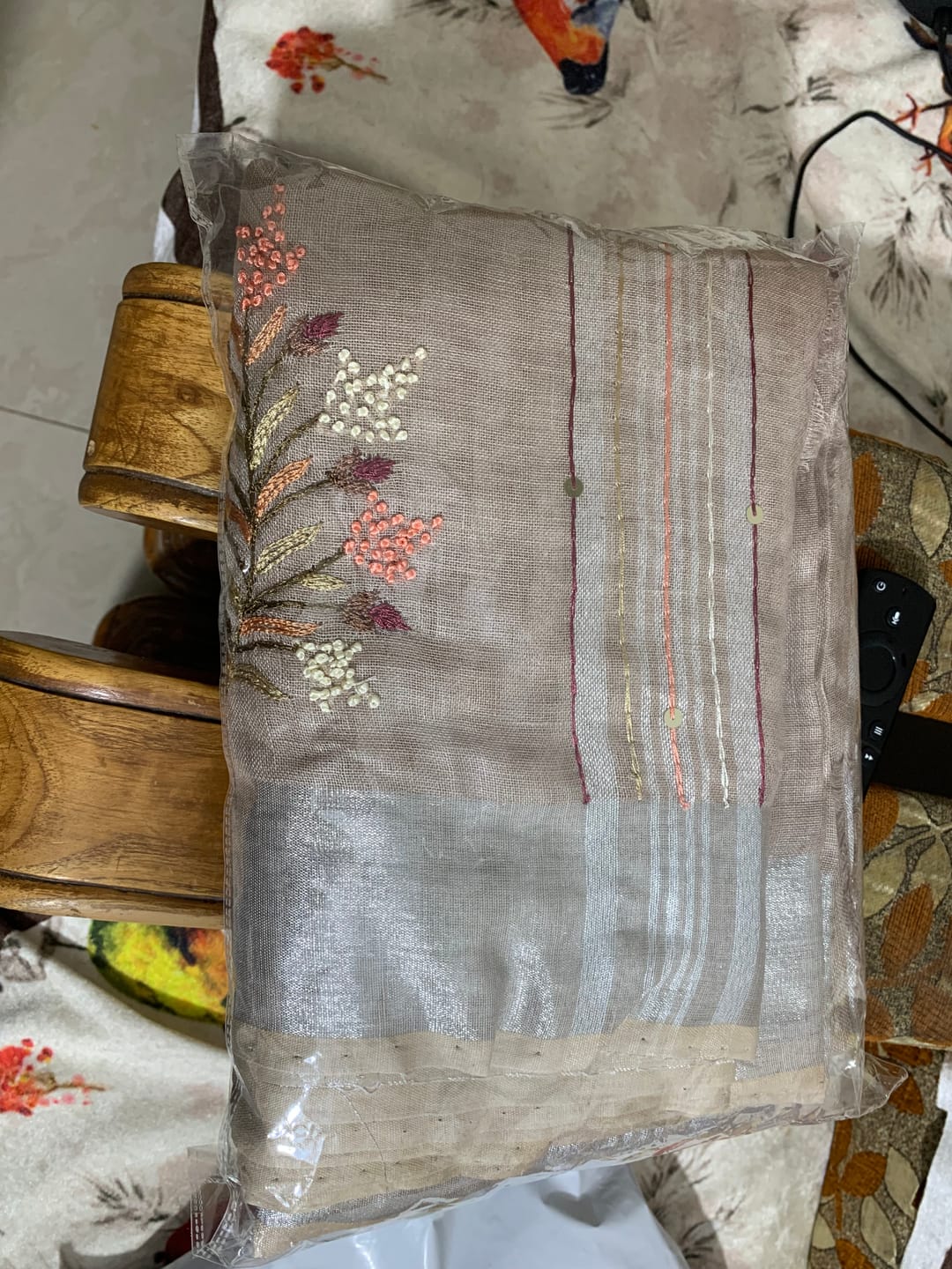 Customer photo review of Beige French Knot Embroidered Pure Linen Saree
