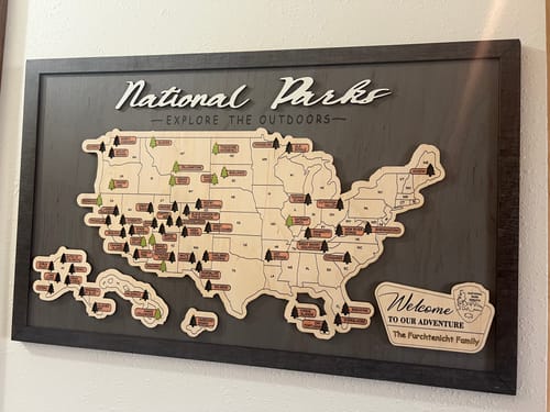 Customer photo review of US Wooden National Parks Travel Map With Trees To Record Park Visits (Light Grey)