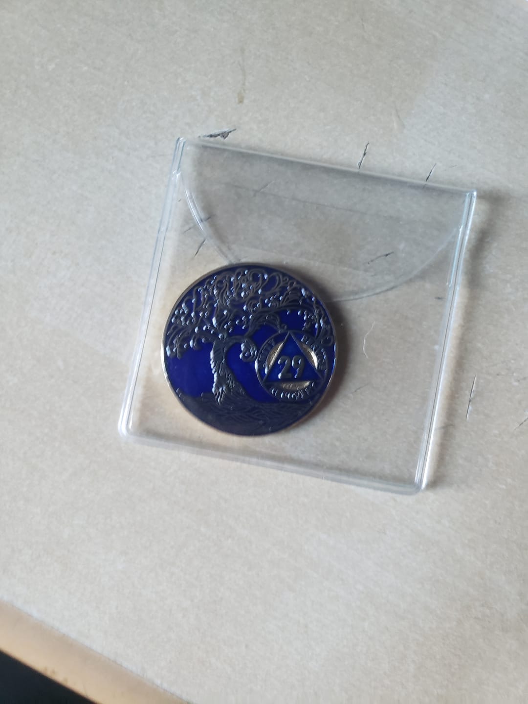 Customer photo review of 29 Year Sobriety Mint Twisted Tree of Life Gold Plated AA Recovery Medallion - Twenty Nine Year Chip/Coin - Blue