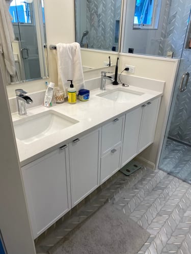 Customer photo review of Cape Breton 60" Wall Mount Satin White Bathroom Vanity, Double Sink