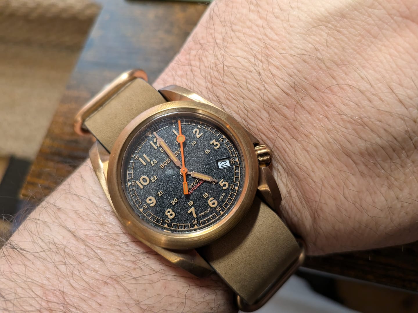 Customer photo review of VOYAGER - 100M Waterproof Bronze Automatic Field Watch | Black