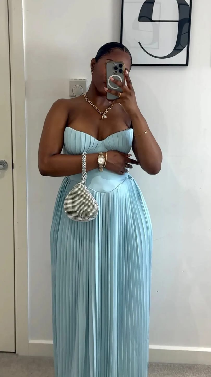 Customer photo review of Sky Blue Pleated Maxi Dress - Ethereal Elegance for Unforgettable Nights