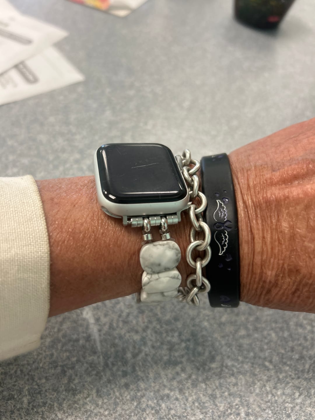 Customer photo review of Whimsical Howlite Stretch Apple Watch Strap