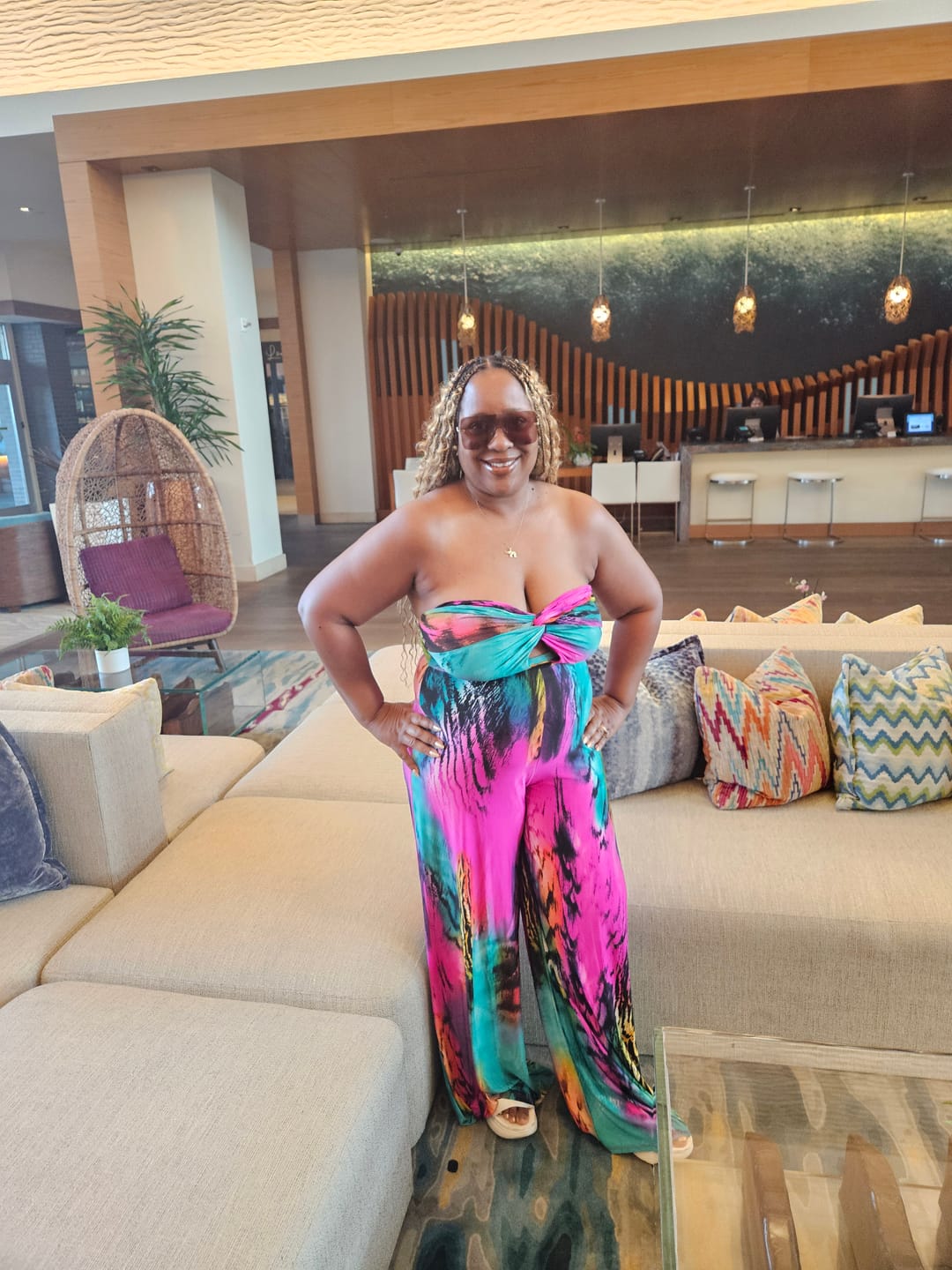 Customer photo review of Sayla Pink Multi Color Print Strapless Jumpsuit