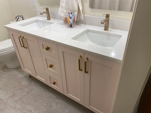 Customer photo review of Bridgeport 60" Champagne Pink Bathroom Vanity, Double Sink