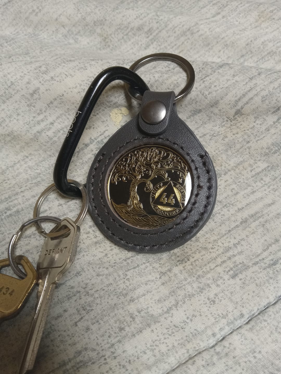 Customer photo review of 44 Year Sobriety Mint Twisted Tree of Life Gold Plated AA Recovery Medallion - Forty-Four Year Chip/Coin - Black