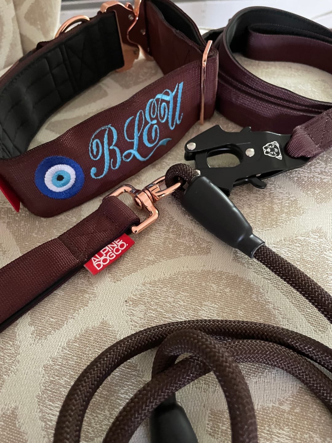 Customer photo review of 2" Tacti Luxe Dog Collar - Rose Gold - Chocolate