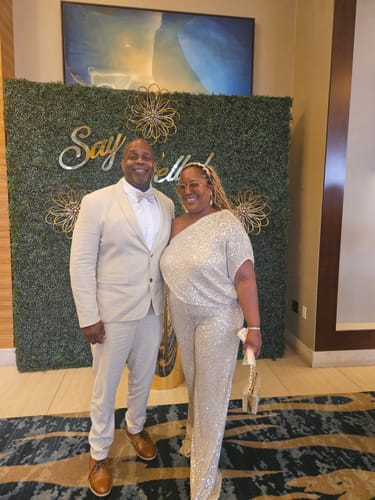Customer photo review of Rebecca Champagne Gold One Sleeve Sequin Jumpsuit