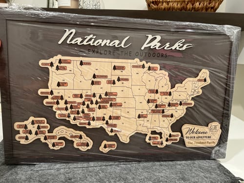 Customer photo review of US Wooden National Parks Travel Map With Trees To Record Park Visits (Light Grey)