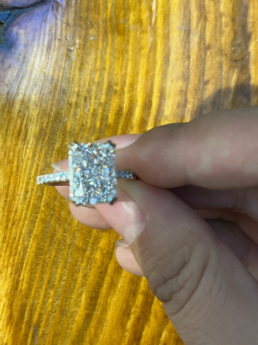 Customer photo review of S925 4.5Ct Radiant Cut Engagement Ring Moissanite/Simulated Diamond Solitaire Stackable Travel Ring For Women