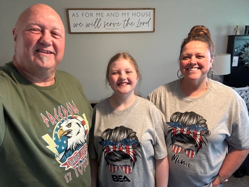 Customer photo review of Messy Bun American Mama DTF Heat Transfer, Independence Day Design, Fourth Of July DTF