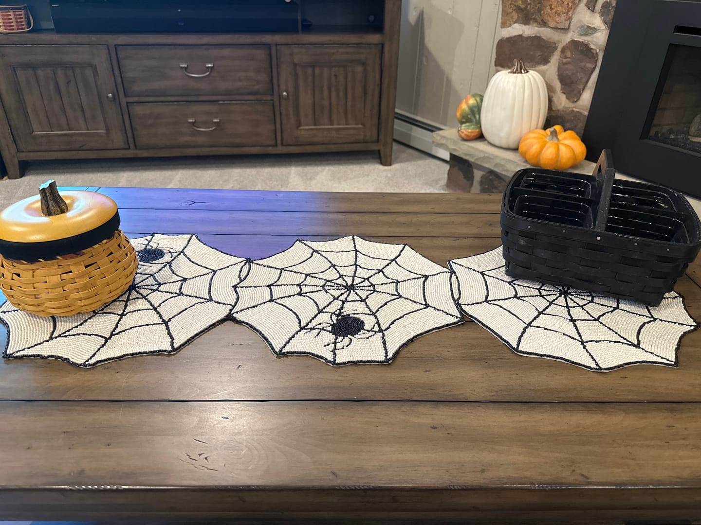Customer photo review of Halloween Spiderweb Bead Table Runner in Cream & Black