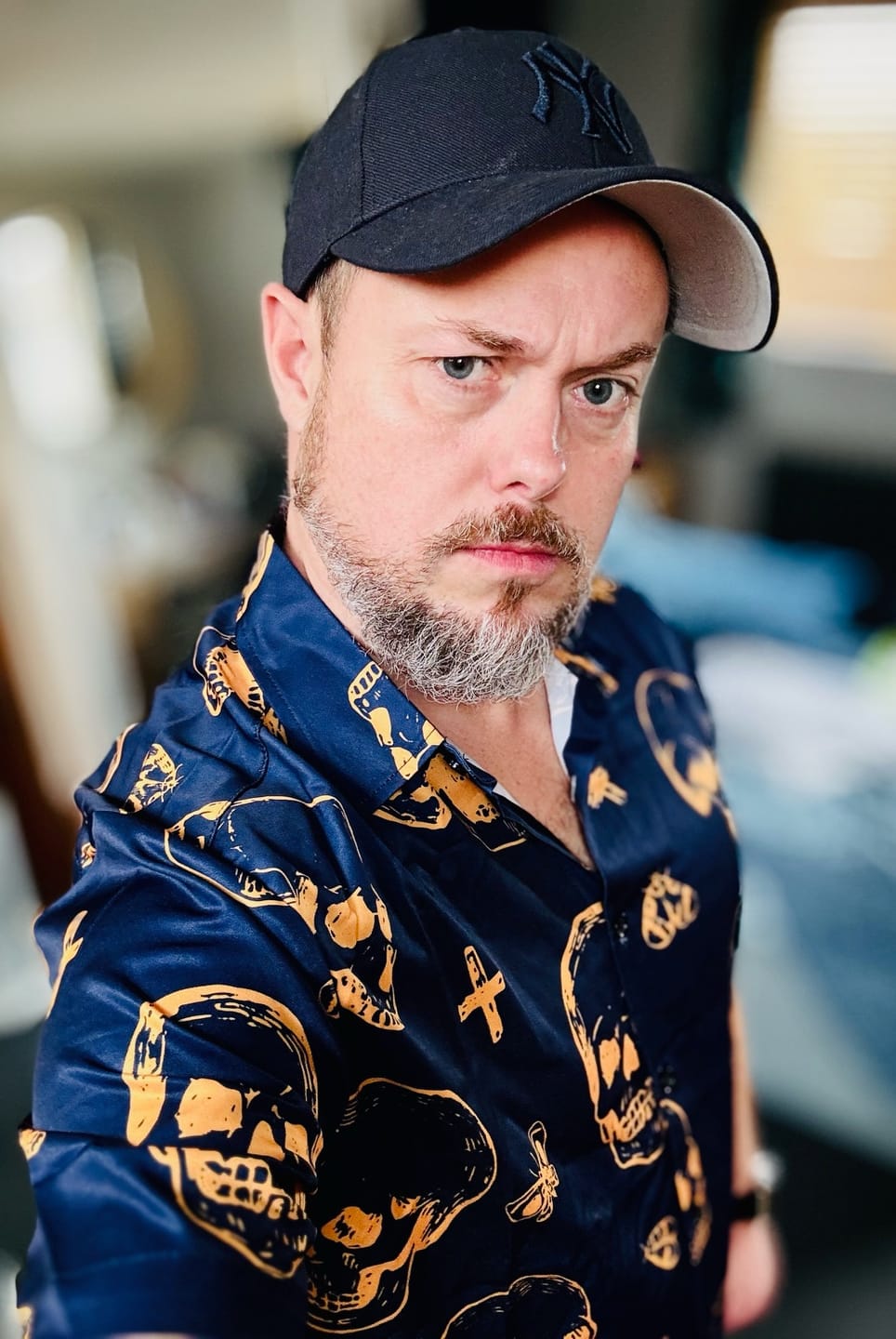 Customer photo review of Men's Orange Skull Print Art Graphic Button up Short Sleeve Aloha Hawaiian Shirt
