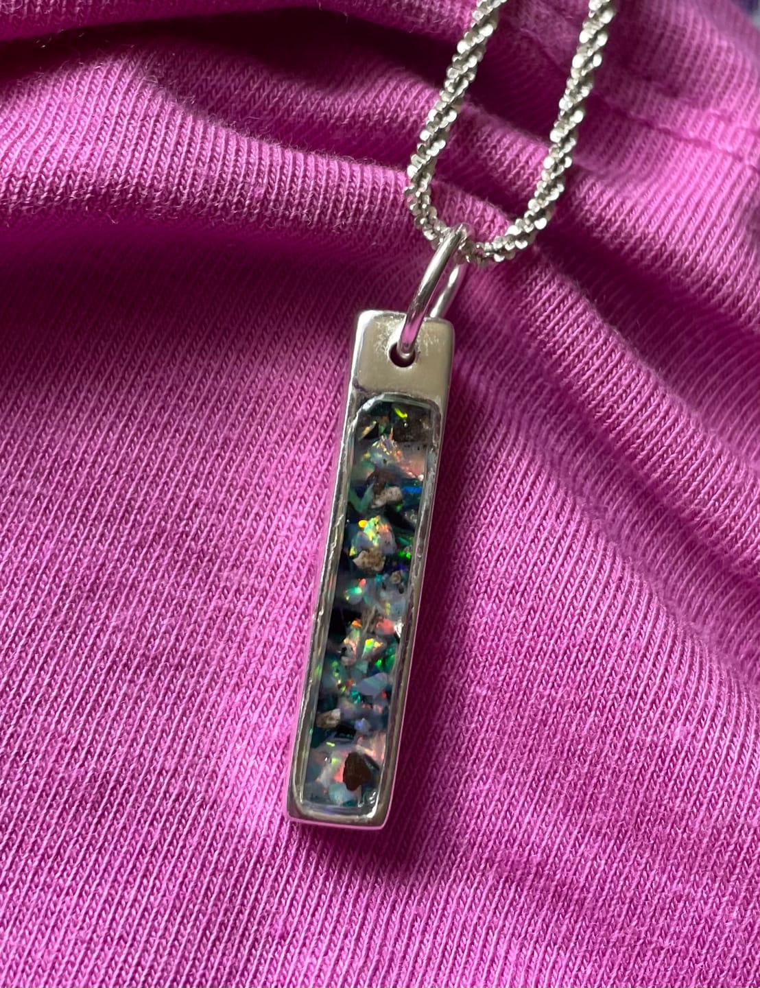 Customer photo review of Opal Bar Cremation Pendant - Engravable