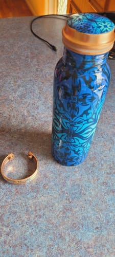 Customer photo review of Sky Blue Meena Print Copper Water Bottle