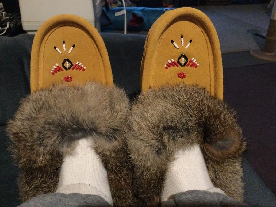 Customer photo review of Women's Rabbit Fur Thunderbird Beaded Moccasins