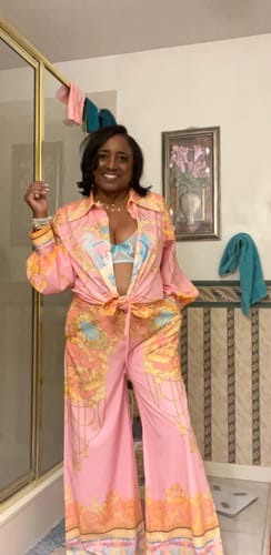 Customer photo review of Mermaid Motel Unique Print Long Sleeve Loose Shirt and Elastic Waist Pants Set