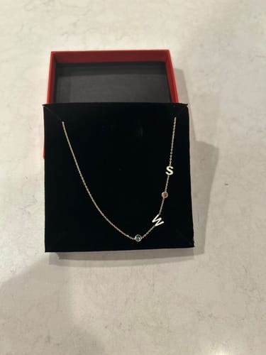 Customer photo review of 14K Solid Gold Sideways Birthstone and Letter Necklace