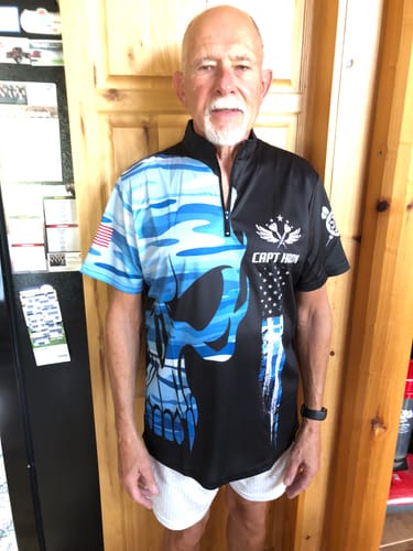 Customer photo review of Blue Camo Skull American Flag Darts Quarter Zip Shirt Custom Patriotic Dart Jersey For Men LDT1452