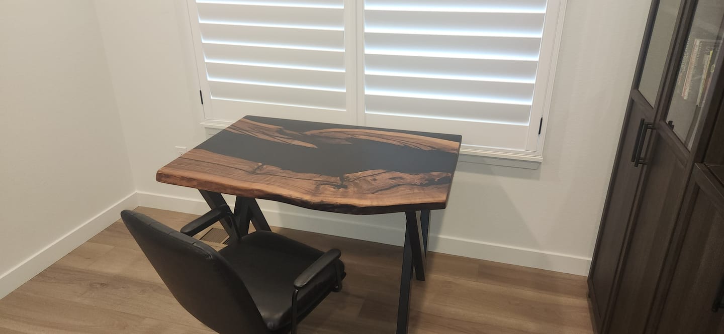Customer photo review of Desk with Monitor Riser and Metal Leg - Live Edge Black Epoxy Desk