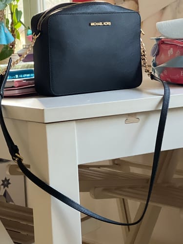 Customer photo review of Jet Set Large Saffiano Leather Crossbody Bag (BLACK)