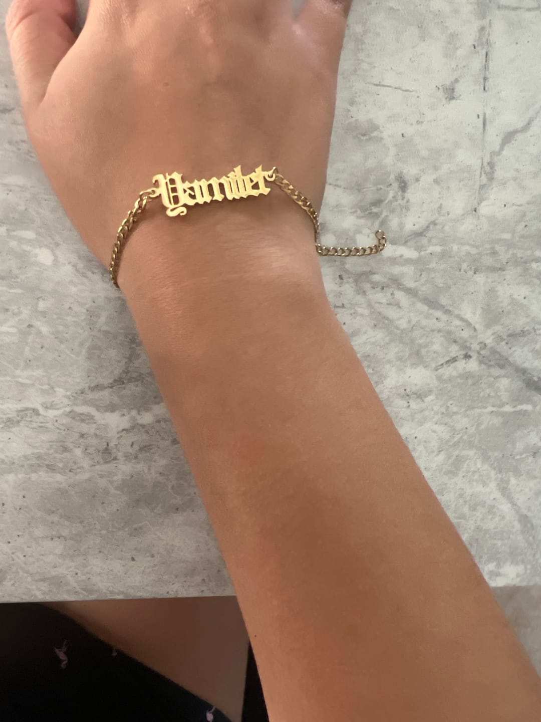Customer photo review of Gothic Name Bracelet w/ Cuban Chain
