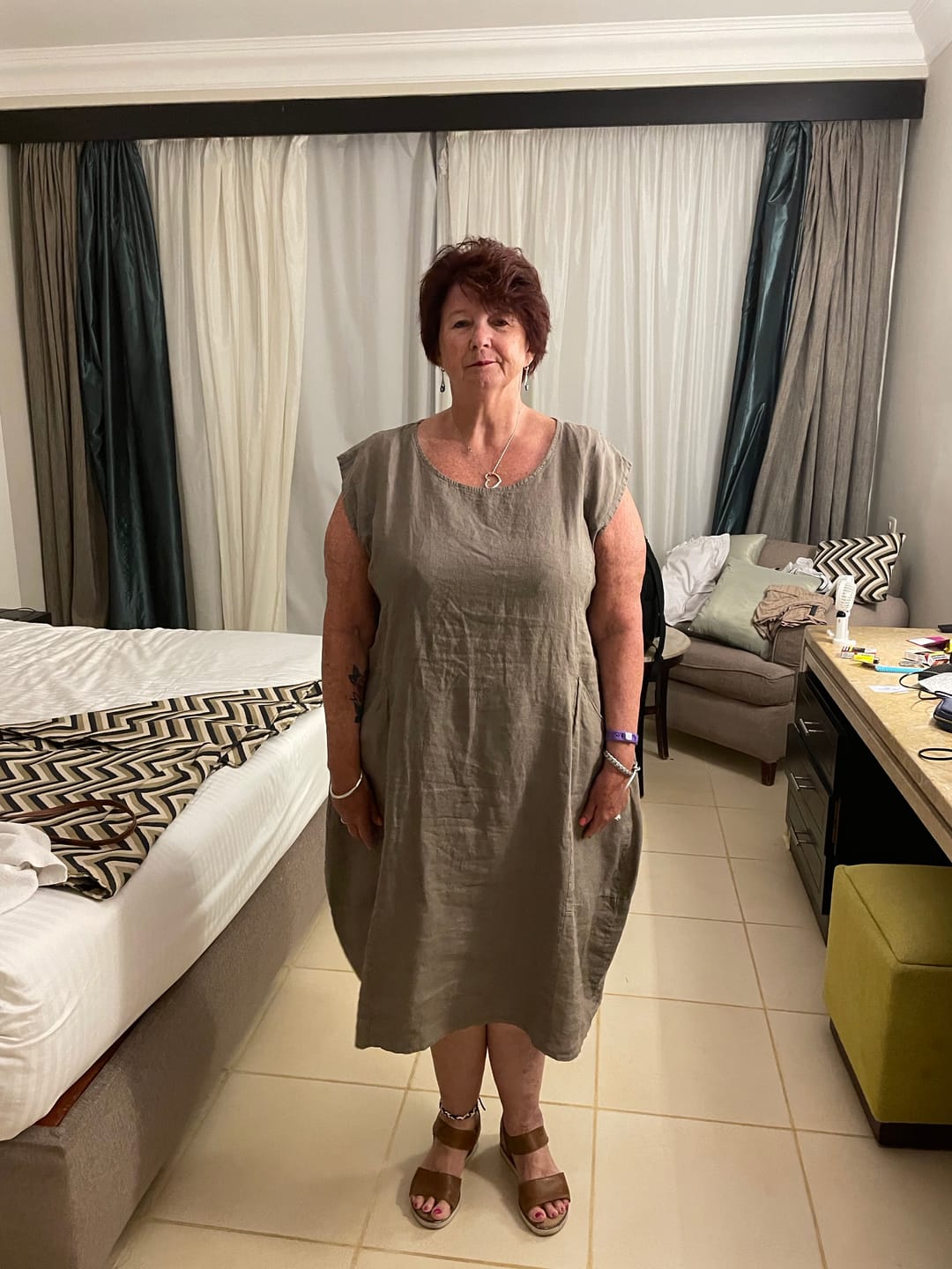 Customer photo review of Lagenlook Linen Cap Sleeve Dress with Deep Pockets - 9450 Linen
