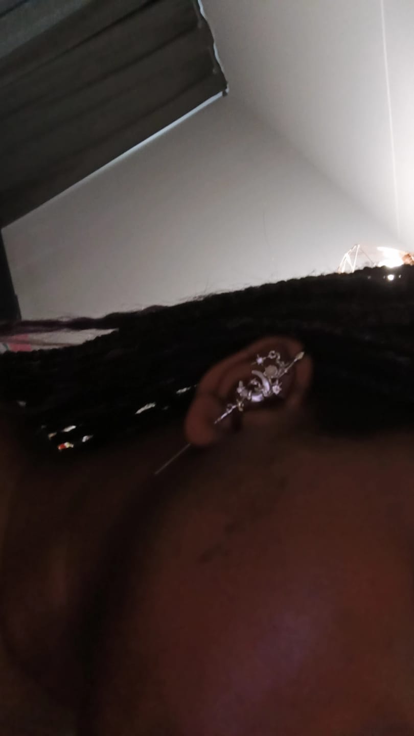 Customer photo review of "MYTH OF THE MOON" 925 Sterling Silver Statement Celestial Moon Dangle Needle Piercing Earring