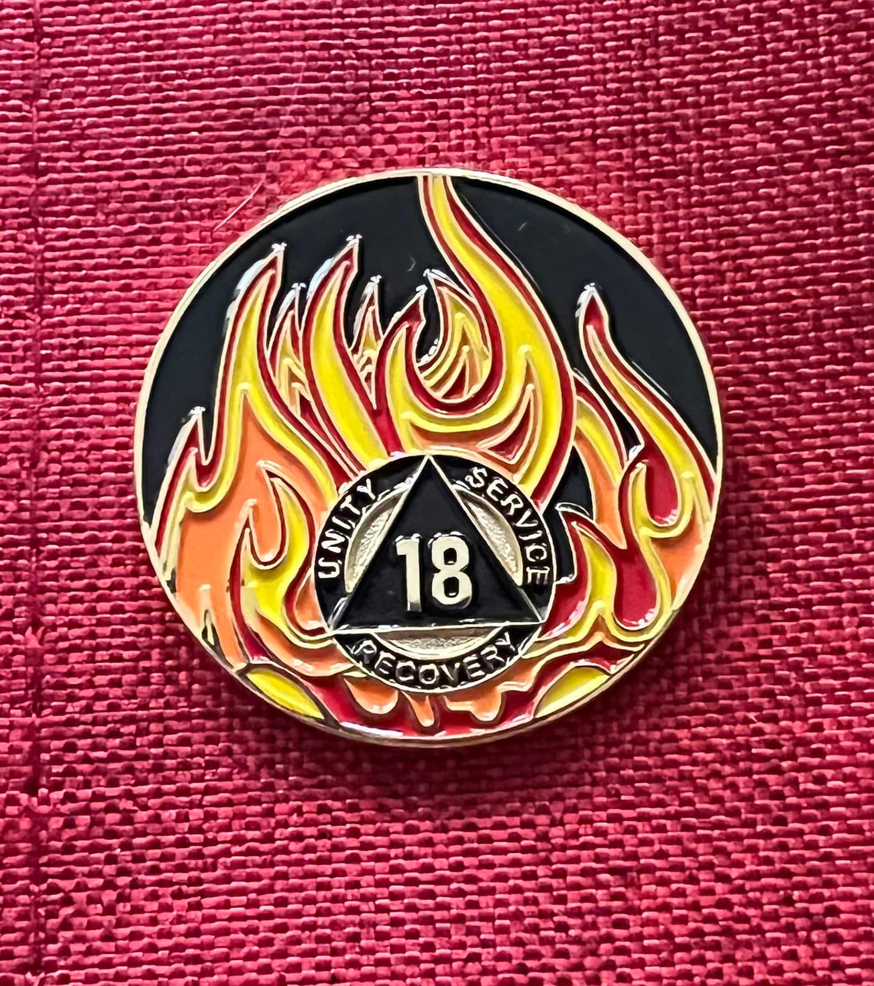 Customer photo review of 1 to 40 Year Sobriety Mint Twisted Flames Gold Plated AA Recovery Medallion/Chip/Coin - Black/Red/Orange/Yellow
