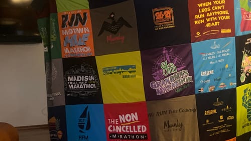T-shirt quilt with running, marathons themes by Eli from WI
