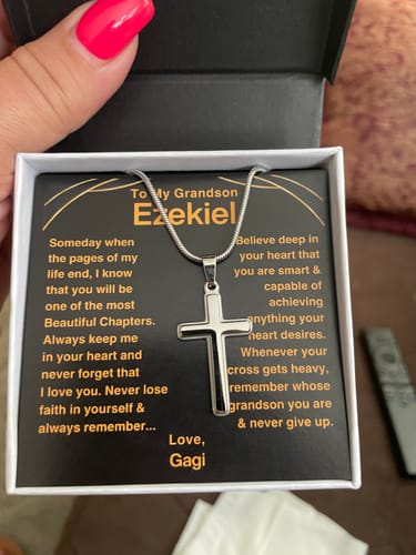 Customer photo review of Grandson, Never Give Up - Cross Necklace With Personalized Message Card (GS47-P)
