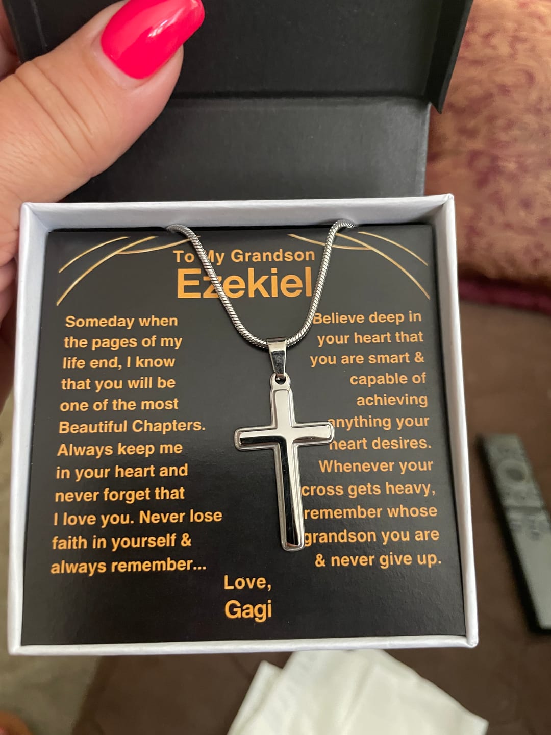 Customer photo review of Grandson, Never Give Up - Cross Necklace With Personalized Message Card (GS47-P)