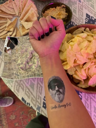 Customer photo review of Face Cut-Out Photo with Text Temporary Tattoo - Grayscale