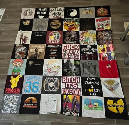 T-shirt quilt with music, gaming themes by patricia from NM