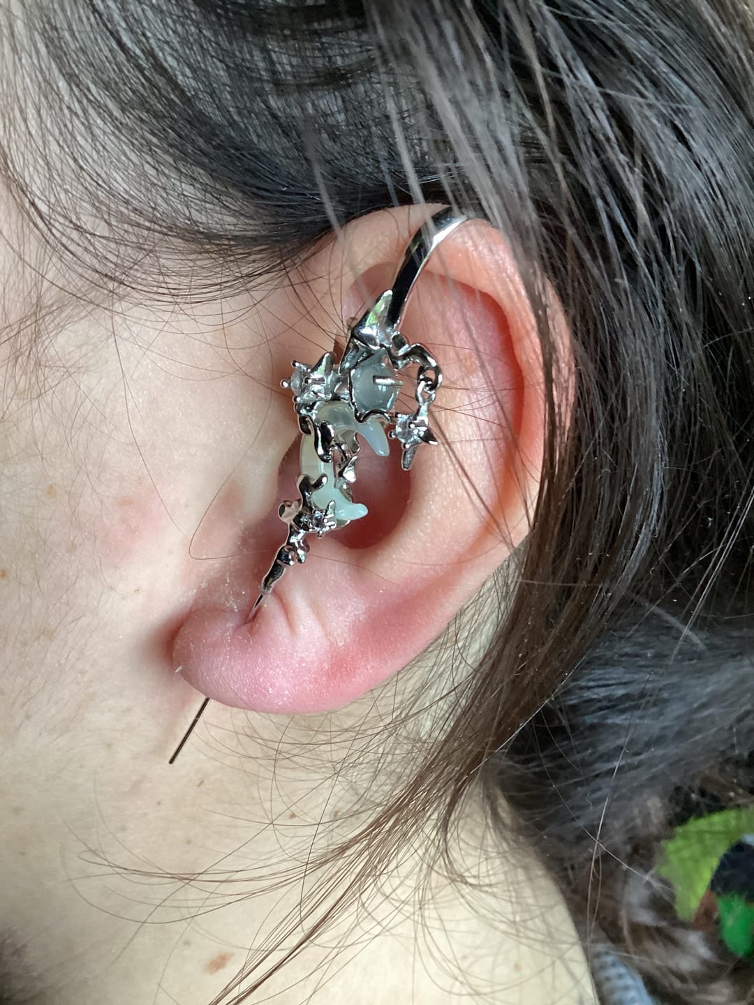 Customer photo review of "MYTH OF THE MOON" 925 Sterling Silver Statement Celestial Moon Dangle Needle Piercing Earring
