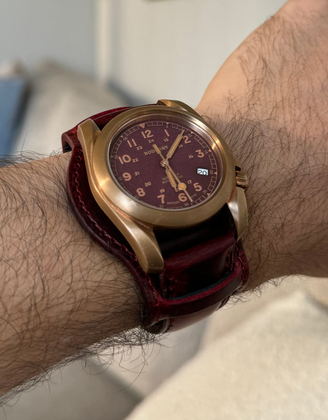 Customer photo review of VOYAGER - 100M Waterproof Bronze Automatic Field Watch | Red