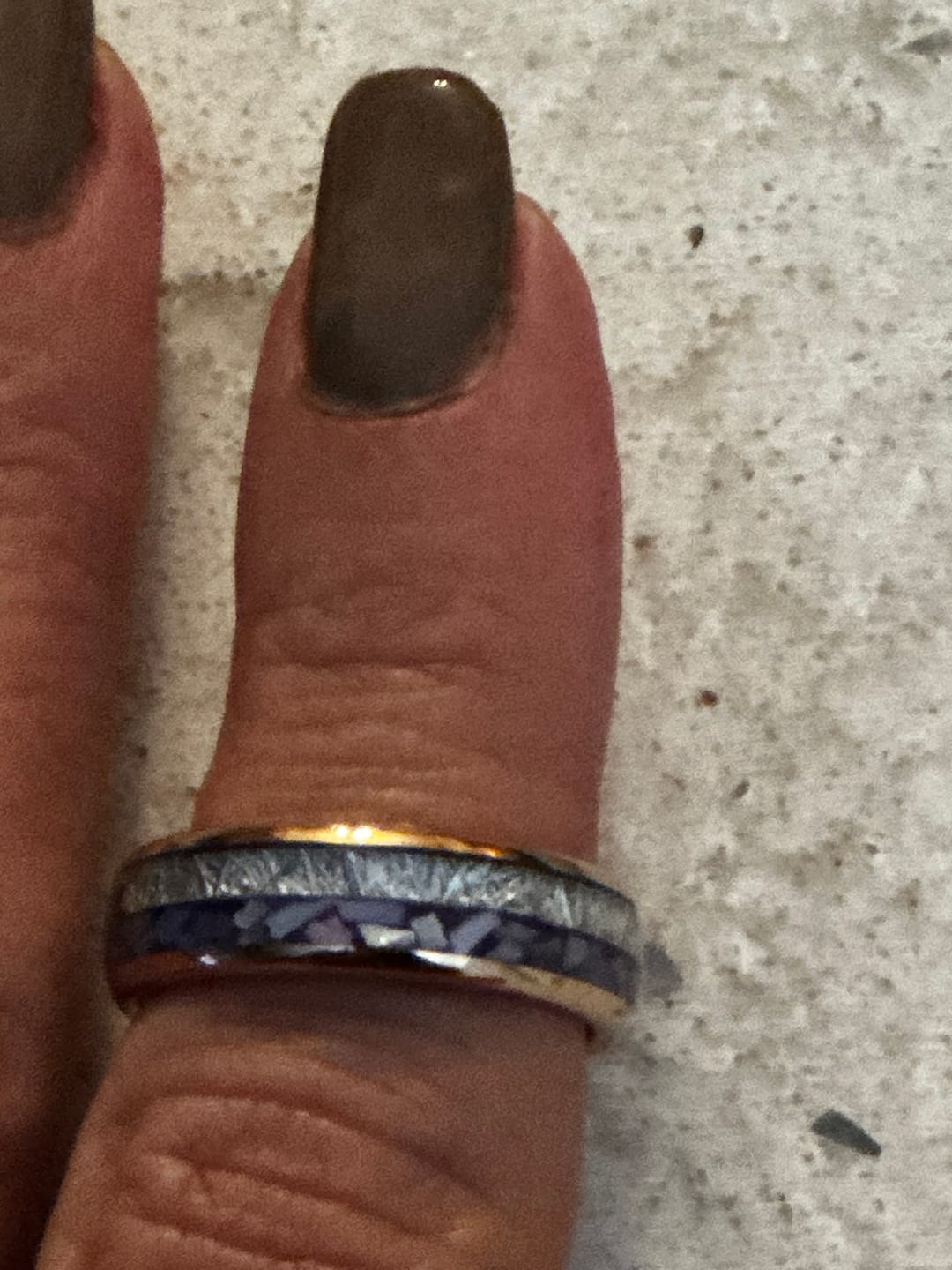 Customer photo review of 6mm- Rose Gold Arrow Ring Tungsten Dome Ring W/ Purple Agate & Meteorite
