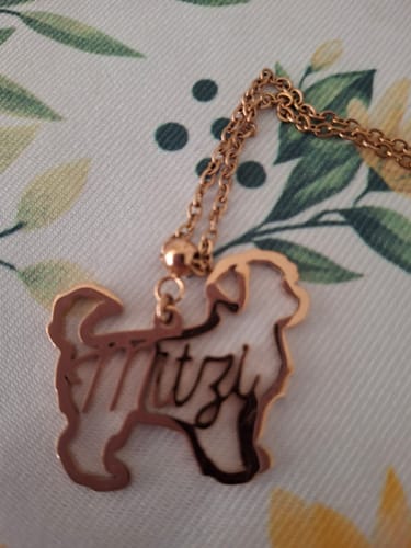 Customer photo review of Personalized Dog Breed Necklace with Cursive Name