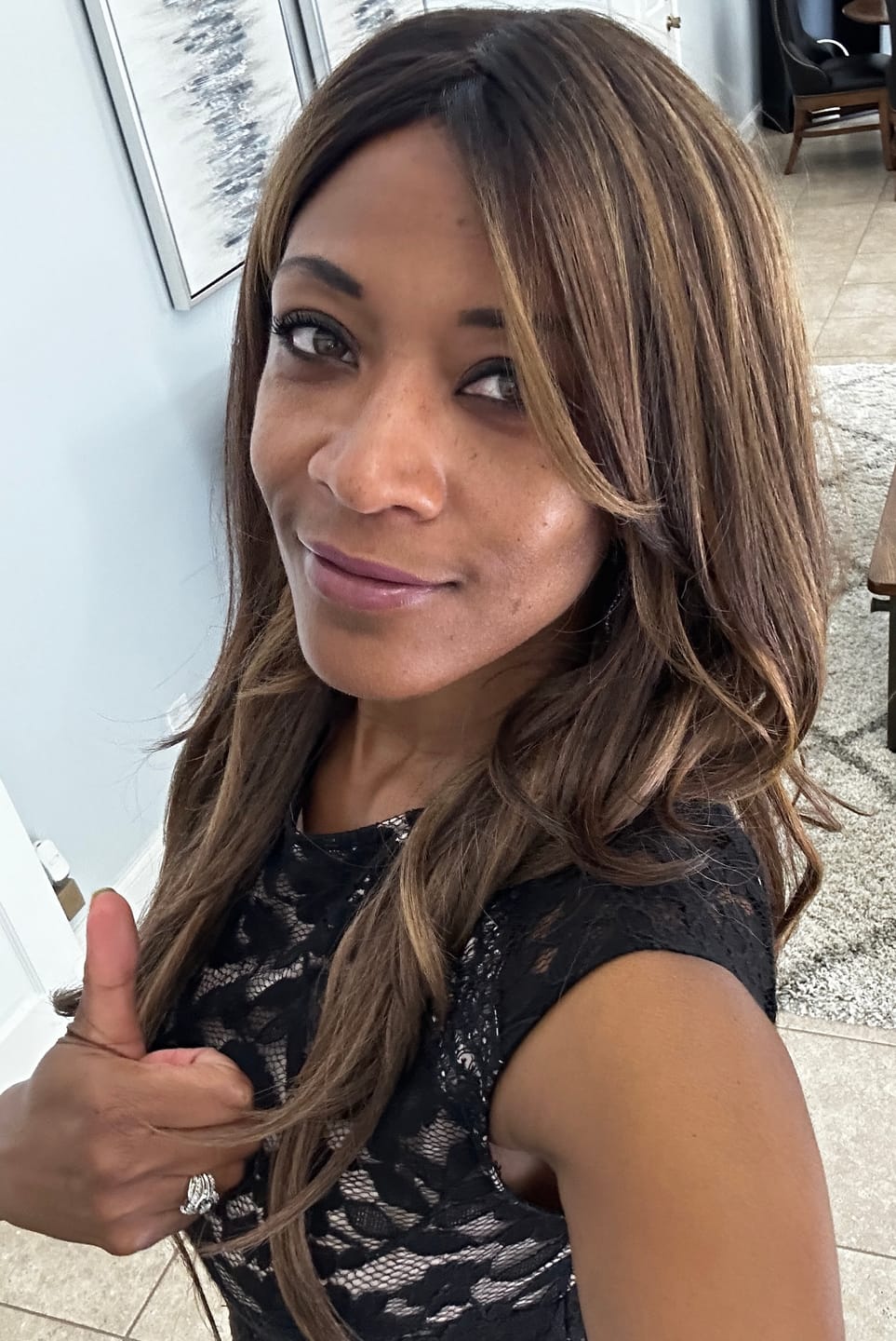 Customer photo review of Shake-N-Go Freetress Equal Synthetic Curtain Bang HD Lace Wig - BOMBSHELL