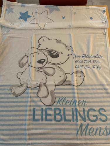 Customer photo review of Hellblau Kleiner Lieblingsmensch Babydecke mit Namen bestickt 75x100cm