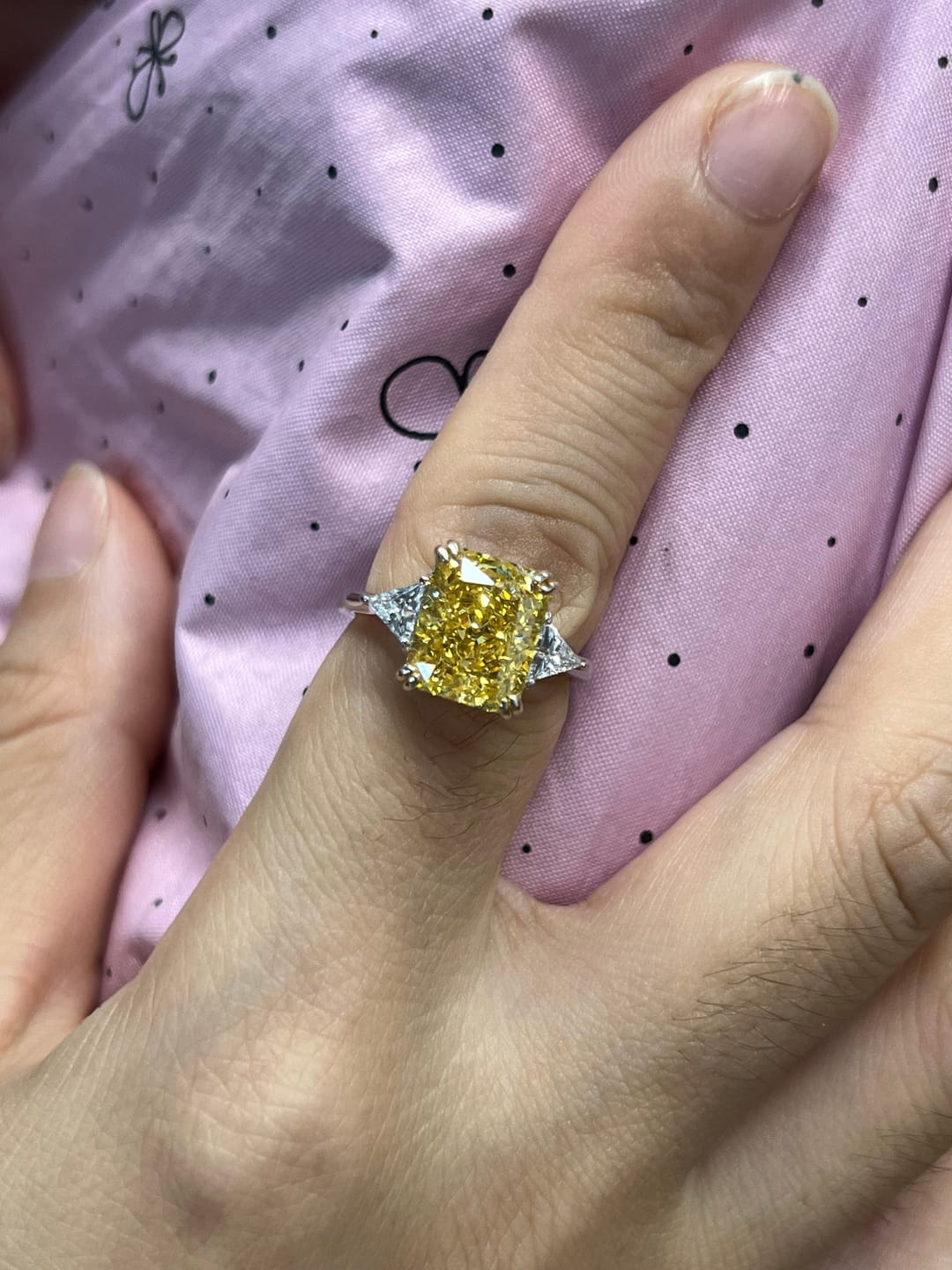 Customer photo review of S925 4.0Ct Radiant & Triangle Cut Yellow Stone Three Stone Engagement Ring In Sterling Silver