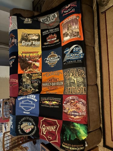 T-shirt quilt with motorcycling, biking themes by Lois from AZ